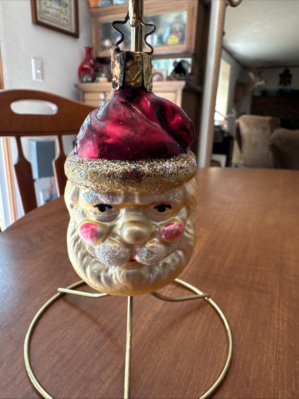 Glass Santa Head Ornament in Red and Gold